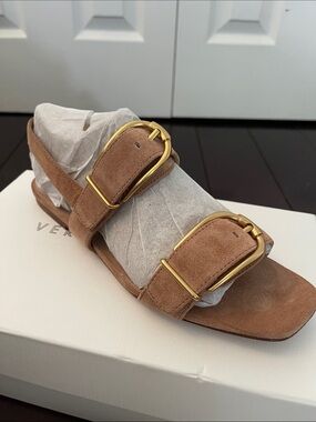 Veronica Beard Tan Suede Double-Buckle Slingback Sandal